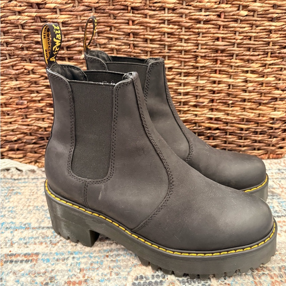 Dr. Martens Rometty Platform Chelsea Boots. Black with Yellow Stitching